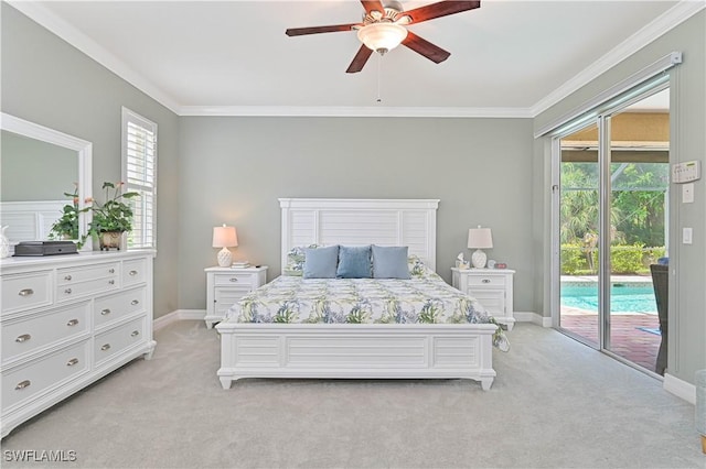 7810 Twin Eagle Ln, Fort Myers, FL 33912 - bedroom with access to exterior, light carpet, crown molding, multiple windows, and baseboards