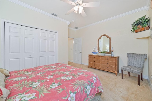 7810 Twin Eagle Ln, Fort Myers, FL 33912 - bedroom with ornamental molding, light carpet, a closet, a ceiling fan, and baseboards