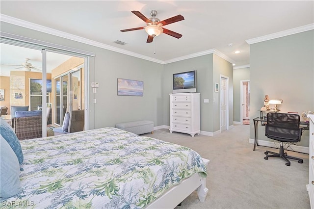 7810 Twin Eagle Ln, Fort Myers, FL 33912 - bedroom with access to outside, crown molding, baseboards, light colored carpet, and ceiling fan
