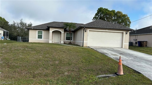 single story home with stucco siding, a garage, concrete driveway, and a front lawn