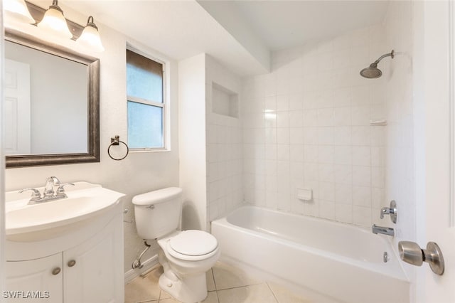 full bath with toilet, baseboards, tile patterned floors, vanity, and  shower combination