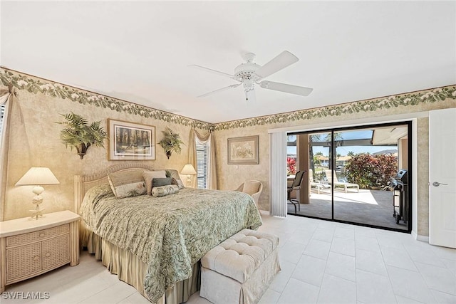 170 June Ct, Marco Island, FL 34145 - bedroom featuring wallpapered walls, access to outside, a ceiling fan, light tile patterned floors, and baseboards