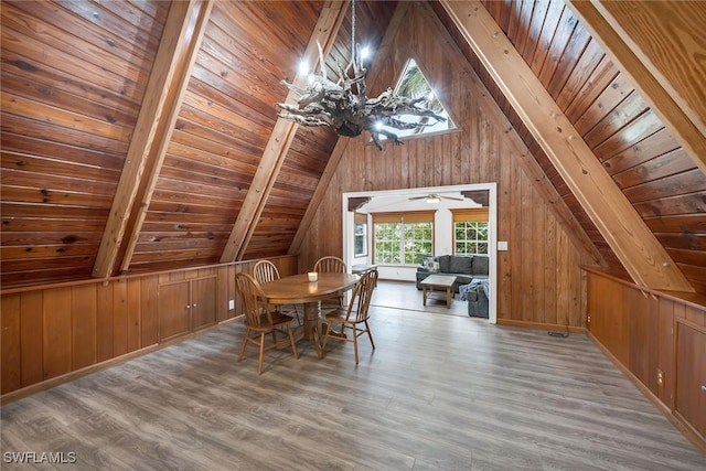 3261 Lakeview Dr, Naples, FL 34112 - dining room featuring wooden ceiling, wooden walls, wood finished floors, and a chandelier