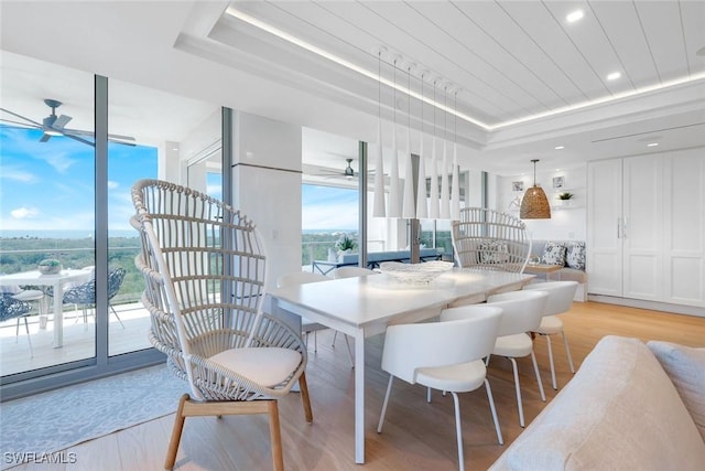 6897 Grenadier Blvd Unit 601, Naples, FL 34108 - kitchen featuring a ceiling fan, a tray ceiling, light wood-style flooring, and expansive windows