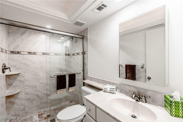 525 Seaview Ct Unit M1, Marco Island, FL 34145 - bathroom featuring a stall shower, toilet, vanity, ornamental molding, and recessed lighting