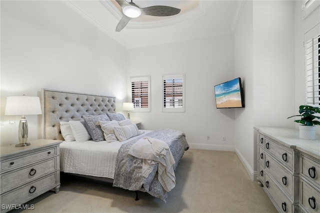 10692 Mirasol Dr Unit 1004, Miromar Lakes, FL 33913 - bedroom with ornamental molding, light carpet, multiple windows, baseboards, and a tray ceiling