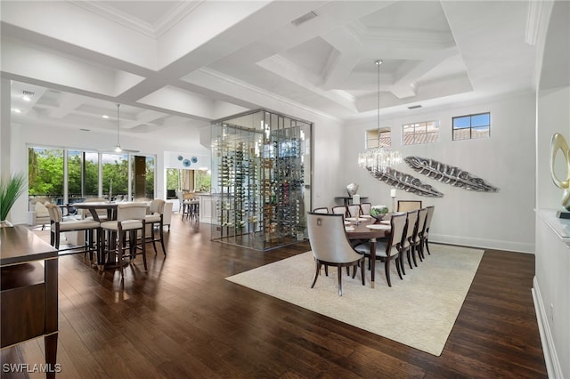 10692 Mirasol Dr Unit 1004, Miromar Lakes, FL 33913 - dining space featuring coffered ceiling, plenty of natural light, dark wood-style floors, a chandelier, and beam ceiling