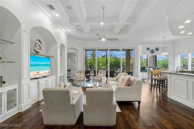 10692 Mirasol Dr Unit 1004, Miromar Lakes, FL 33913 - living area with a ceiling fan, dark wood-type flooring, recessed lighting, crown molding, and coffered ceiling