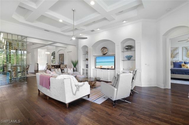 10692 Mirasol Dr Unit 1004, Miromar Lakes, FL 33913 - living area with dark wood-style flooring, built in features, beamed ceiling, coffered ceiling, and ornamental molding