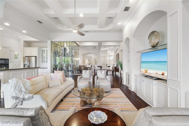 10692 Mirasol Dr Unit 1004, Miromar Lakes, FL 33913 - living room featuring crown molding, coffered ceiling, dark wood-style flooring, a ceiling fan, and recessed lighting