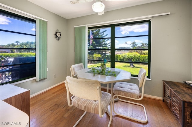 938 Charlemagne Blvd, Naples, FL 34112 - dining space with baseboards, wood-type flooring, a ceiling fan, and healthy amount of natural light