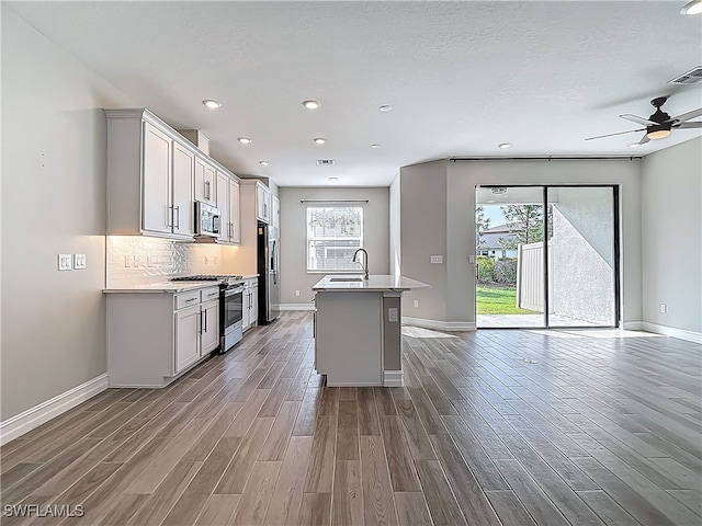4564 Almada Ln, Wesley Chapel, FL 33543 - kitchen featuring appliances with stainless steel finishes, wood finished floors, plenty of natural light, and recessed lighting