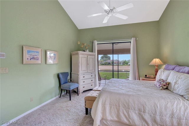 24979 Paradise Rd, Bonita Springs, FL 34135 - bedroom featuring access to outside, carpet flooring, baseboards, ceiling fan, and high vaulted ceiling