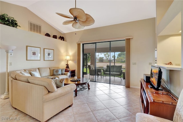 24979 Paradise Rd, Bonita Springs, FL 34135 - living room featuring a ceiling fan, vaulted ceiling, and light tile patterned flooring