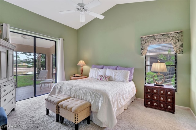 24979 Paradise Rd, Bonita Springs, FL 34135 - bedroom with access to outside, multiple windows, carpet, high vaulted ceiling, and a ceiling fan