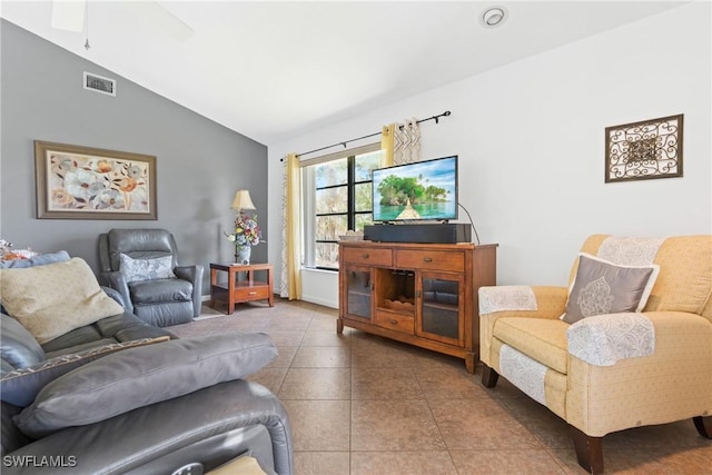 15138 Sam Snead Ln, North Fort Myers, FL 33917 - tiled living area featuring vaulted ceiling and a ceiling fan