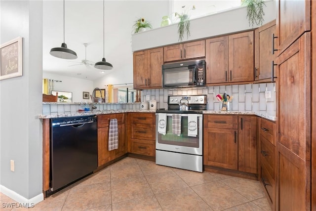 15138 Sam Snead Ln, North Fort Myers, FL 33917 - kitchen with black appliances, brown cabinets, tasteful backsplash, and light stone counters