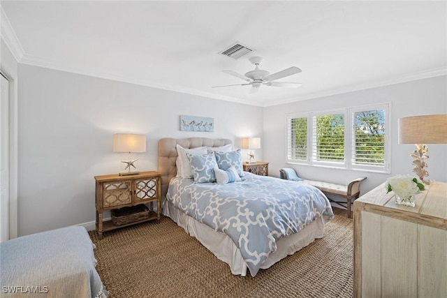 bedroom featuring crown molding, ceiling fan, and baseboards