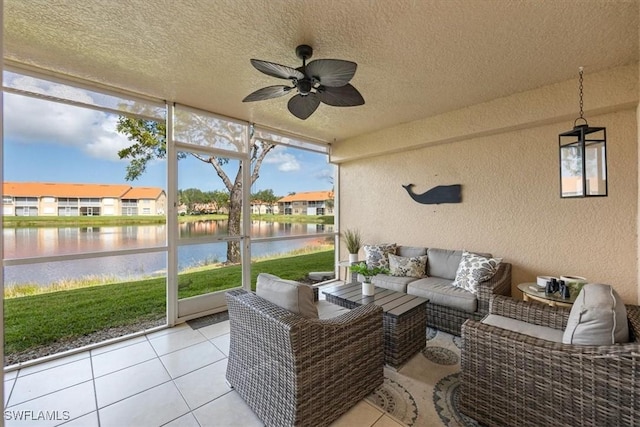 26740 Rosewood Pointe Ln Unit 102, Bonita Springs, FL 34135 - sunroom with a water view, an outdoor living space, and a ceiling fan