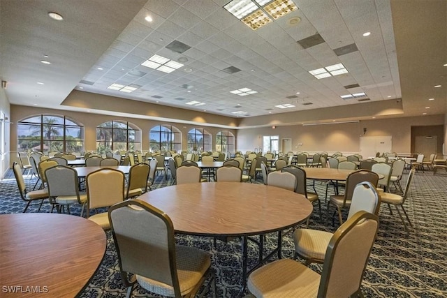 26740 Rosewood Pointe Ln Unit 102, Bonita Springs, FL 34135 - carpeted dining area with a raised ceiling, a paneled ceiling, and recessed lighting