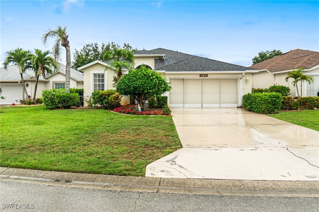 9750 Sassafras Ct, Estero, FL 33928 - ranch-style home featuring a garage, driveway, stucco siding, and a front yard