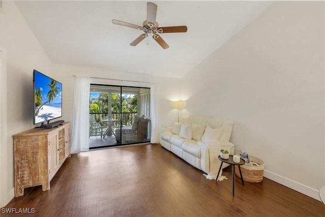 8336 Charter Club Cir Unit 10, Fort Myers, FL 33919 - unfurnished living room with wood finished floors, ceiling fan, vaulted ceiling, and baseboards