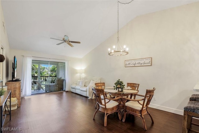 8336 Charter Club Cir Unit 10, Fort Myers, FL 33919 - dining area with dark wood-style flooring, high vaulted ceiling, ceiling fan, a chandelier, and baseboards