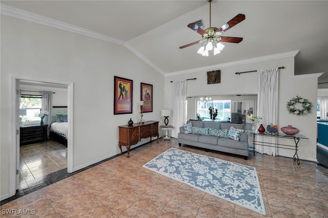 1811 NE 5th Ter, Cape Coral, FL 33909 - living area with lofted ceiling, crown molding, and ceiling fan
