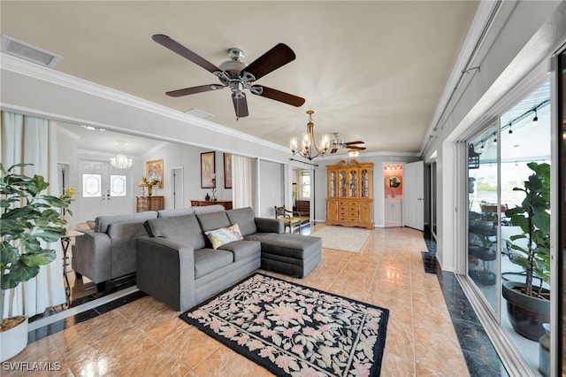 1811 NE 5th Ter, Cape Coral, FL 33909 - living room with a chandelier, a ceiling fan, ornamental molding, and plenty of natural light