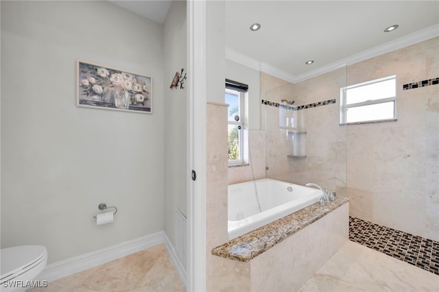 1811 NE 5th Ter, Cape Coral, FL 33909 - bathroom with a whirlpool tub, crown molding, a walk in shower, and recessed lighting