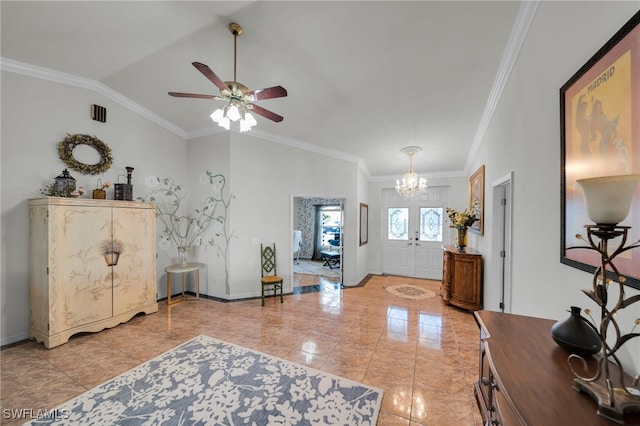 1811 NE 5th Ter, Cape Coral, FL 33909 - entrance foyer featuring vaulted ceiling, crown molding, a chandelier, and ceiling fan
