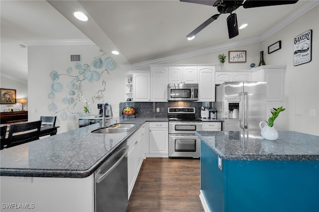 1811 NE 5th Ter, Cape Coral, FL 33909 - kitchen with appliances with stainless steel finishes, ornamental molding, ceiling fan, open shelves, and dark stone countertops