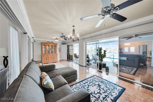 1811 NE 5th Ter, Cape Coral, FL 33909 - living room with crown molding, a ceiling fan, inlaid floor details, and a chandelier