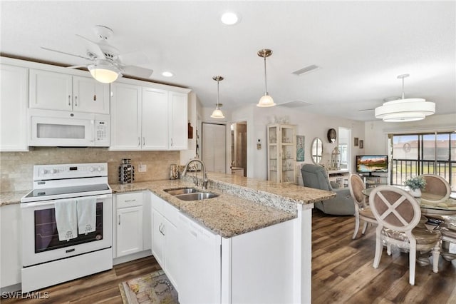 25100 Sandhill Blvd Unit 201, Punta Gorda, FL 33983 - kitchen with white appliances, a sink, a peninsula, ceiling fan, and dark wood finished floors