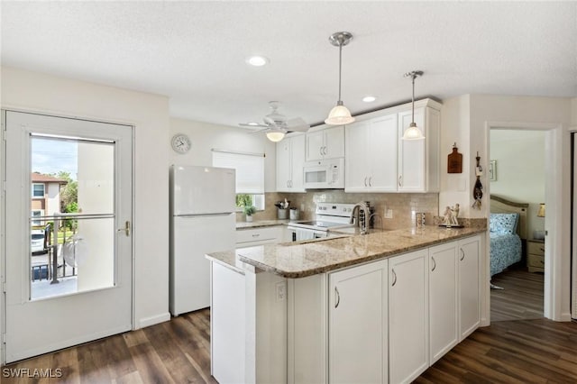 25100 Sandhill Blvd Unit 201, Punta Gorda, FL 33983 - kitchen with white appliances, a peninsula, healthy amount of natural light, dark wood finished floors, and recessed lighting