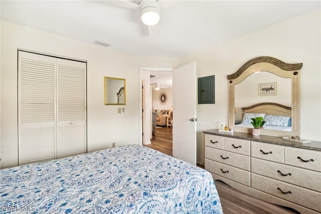 25100 Sandhill Blvd Unit 201, Punta Gorda, FL 33983 - bedroom with wood finished floors, electric panel, a ceiling fan, and a closet