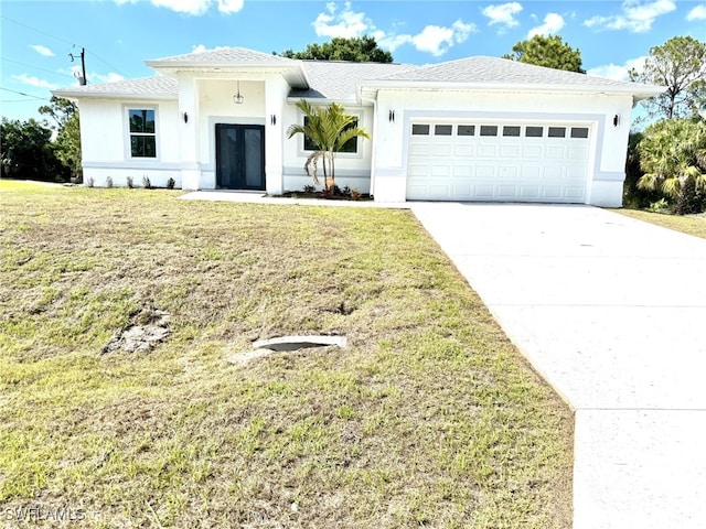 16 W 7th St, Lehigh Acres, FL 33972 - ranch-style house featuring driveway, a garage, stucco siding, and a front lawn