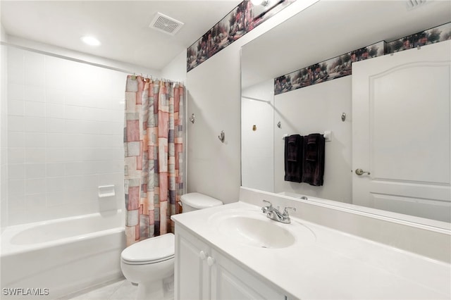 7839 Regal Heron Cir Unit 205, Naples, FL 34104 - bathroom featuring toilet, shower / bath combo with shower curtain, vanity, tile patterned flooring, and recessed lighting