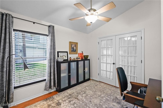 12839 Oakpointe Cir, Fort Myers, FL 33912 - office featuring vaulted ceiling, french doors, ceiling fan, and baseboards