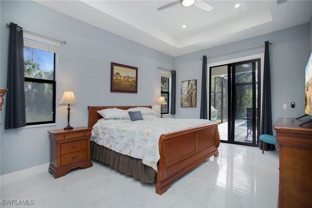 610 25th Ave NW, Naples, FL 34120 - bedroom with access to exterior, a raised ceiling, light marble finish flooring, a ceiling fan, and recessed lighting