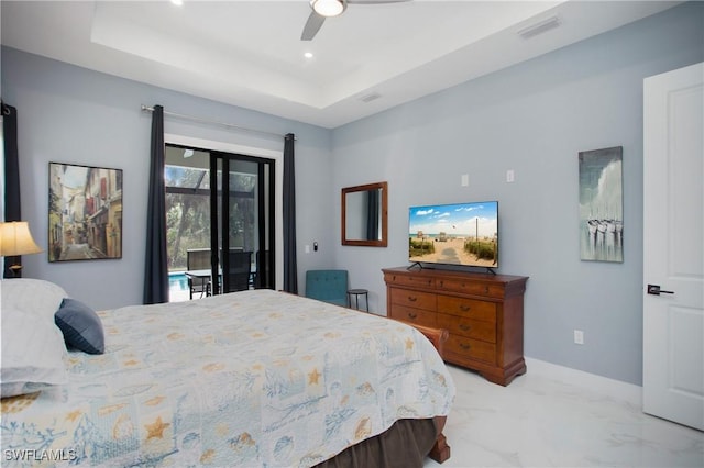610 25th Ave NW, Naples, FL 34120 - bedroom featuring access to exterior, a raised ceiling, ceiling fan, light marble finish floors, and recessed lighting