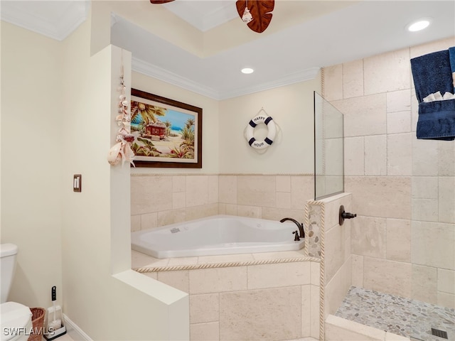 2110 Cay Lagoon Dr Unit 113, Naples, FL 34109 - full bathroom featuring a garden tub, toilet, walk in shower, ornamental molding, and recessed lighting
