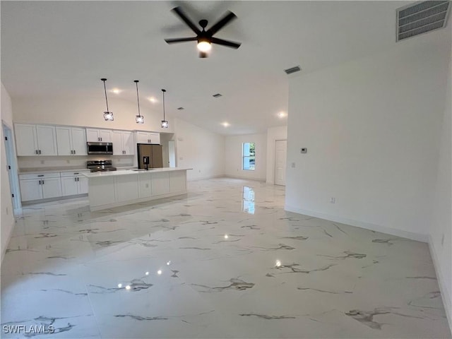 unfurnished living room featuring baseboards, ceiling fan, light marble finish flooring, and high vaulted ceiling