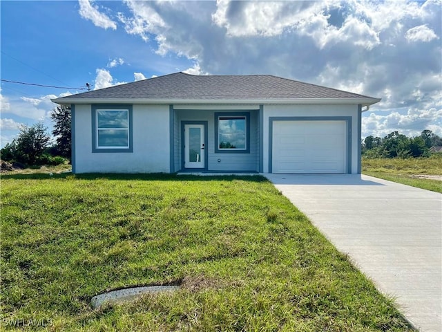 single story home with concrete driveway, an attached garage, a front lawn, and stucco siding