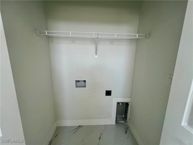 clothes washing area featuring hookup for a washing machine, marble finish flooring, electric dryer hookup, and baseboards