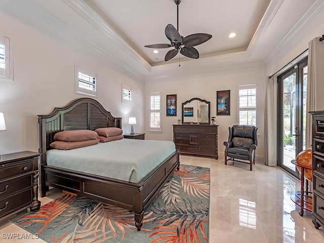 3818 2nd Ave NE, Naples, FL 34120 - bedroom featuring access to exterior, multiple windows, crown molding, a tray ceiling, and ceiling fan