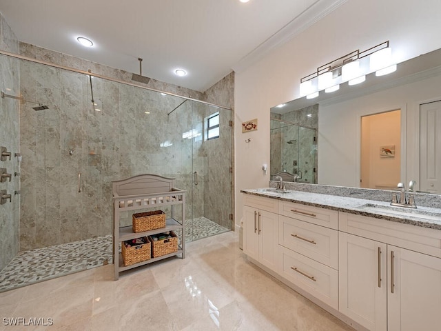 3818 2nd Ave NE, Naples, FL 34120 - full bathroom featuring crown molding, a stall shower, double vanity, and marble finish flooring