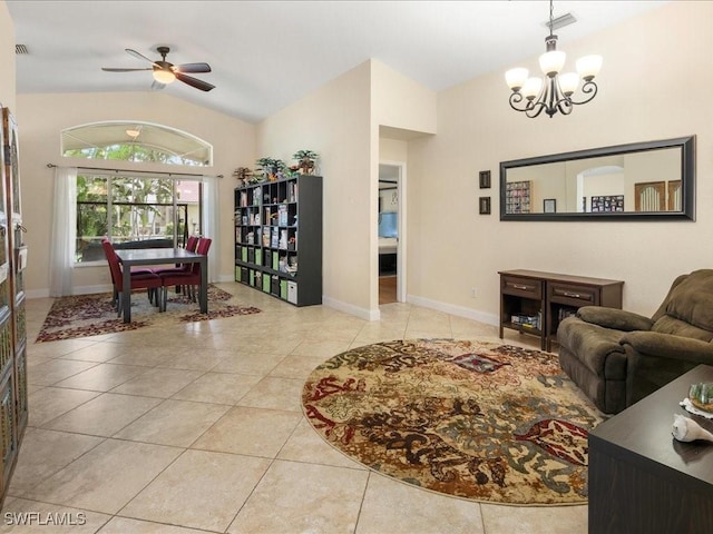 7930 Wexford Dr, Naples, FL 34104 - living area with a chandelier, tile patterned flooring, vaulted ceiling, a ceiling fan, and baseboards