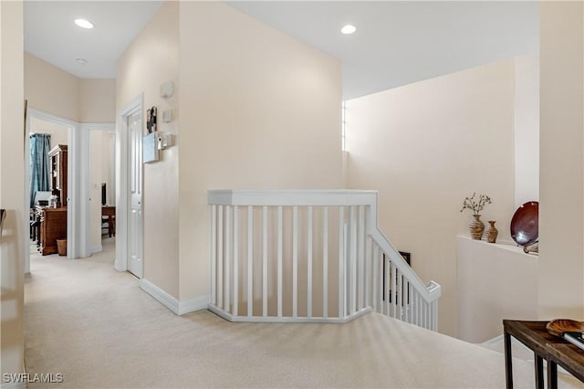 3471 Ballybridge Cir Unit 202, Bonita Springs, FL 34134 - corridor with an upstairs landing, carpet, recessed lighting, and baseboards
