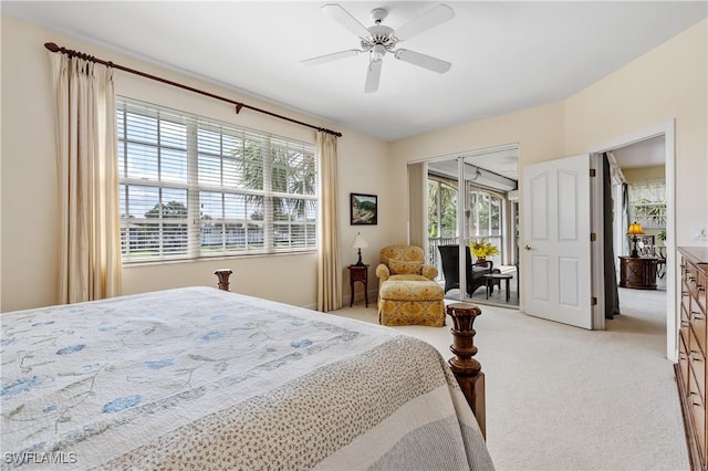 3471 Ballybridge Cir Unit 202, Bonita Springs, FL 34134 - bedroom featuring light carpet, access to exterior, and ceiling fan
